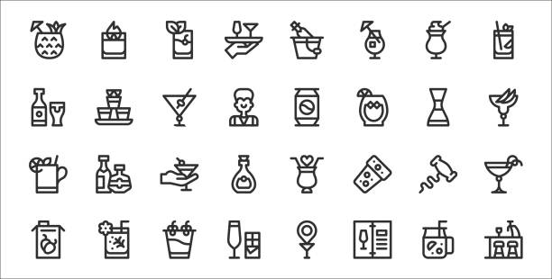 zestaw 32 koktajli cienkie ikony konturowe, takie jak bar, menu, koktajl, sok, korkociąg, koktajl, koktajl, soda, wódka - drink bottle soda bucket stock illustrations