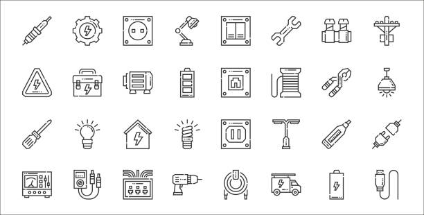 set of 32 electrician tools and thin outline icons such as usb, truck, drill, transformer, voltage, house, lamp, socket, tool box set of 32 electrician tools and thin outline icons such as usb, truck, drill, transformer, voltage, house, lamp, socket, tool box fuse box stock illustrations