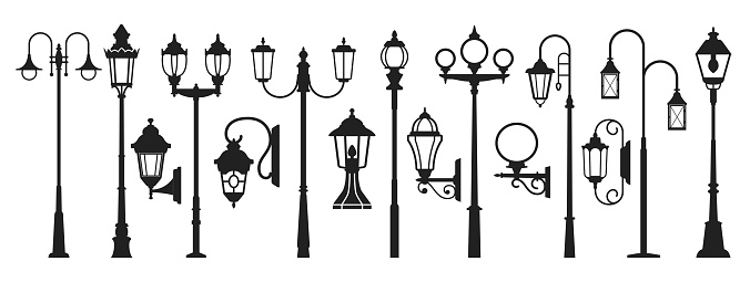 Street lamp black silhouette, post lights outdoor silhouette set. Lamppost objects. Vector line art illustration on white background