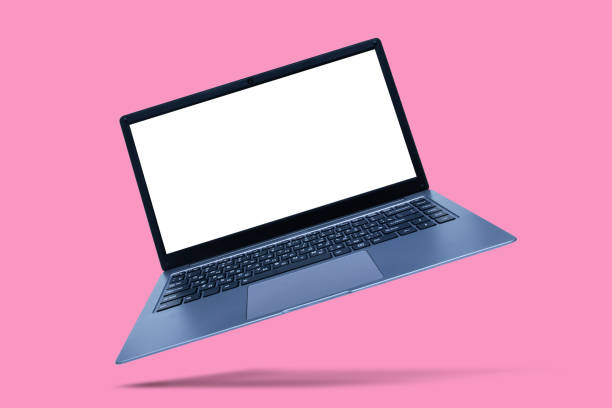 istock Slim modern laptop with white screen mockup on pink background with shadow. 1292826864