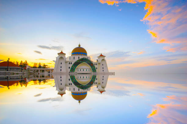 Majestic view of Malacca Straits Mosque during sunset.