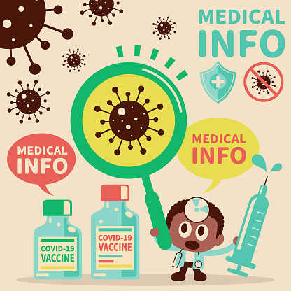 Cute healthcare and medicine characters vector art illustration.
Cute doctor wearing concave mirror and stethoscope holding a big magnifying glass and syringe and Vaccine bottle to protect against coronavirus disease (COVID-19, flu virus).
Cute characters with big head and small body.