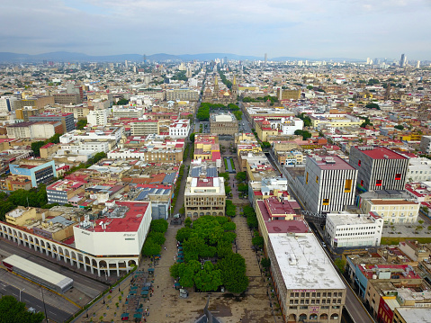 Guadalajara, Mexico - July 12 2020: Aerial picture of downtown Guadalajara called Tapatia Square, Jalisco