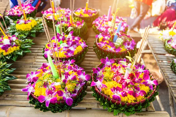 Photo of Krathong of floating basket by banana leaf Thai style for Loy Krathong Festival or Thai New Year and river goddess worship ceremony,the full moon of the 12th month Be famous festival of Thailand.