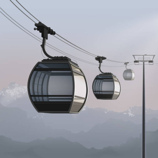 Aerial cable car Vector illustration of arial cable car with overview cabin. Isolated on mountain landscape background snowy road overhead stock illustrations
