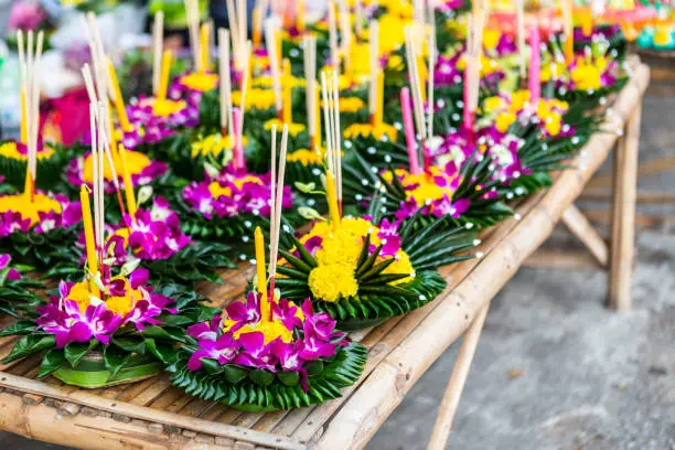 Photo of Krathong of floating basket by banana leaf Thai style for Loy Krathong Festival or Thai New Year and river goddess worship ceremony,the full moon of the 12th month Be famous festival of Thailand.