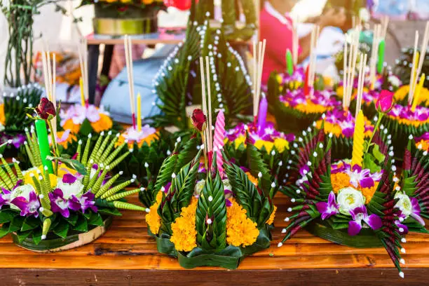 Photo of Krathong of floating basket by banana leaf Thai style for Loy Krathong Festival or Thai New Year and river goddess worship ceremony,the full moon of the 12th month Be famous festival of Thailand.