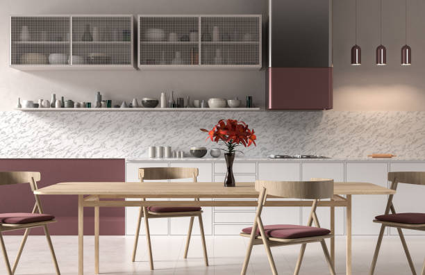 istock Modern spacious kitchen design with wooden dining table and chairs. Minimalist kitchen design. 3D illustration 1292841309