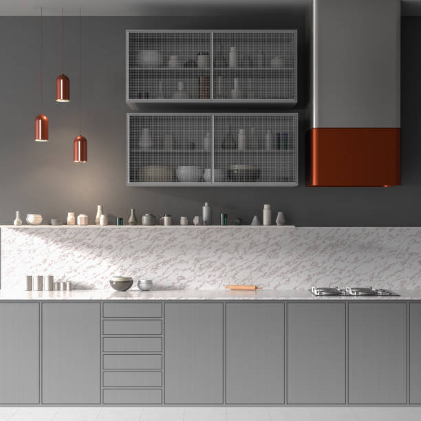 istock Modern spacious kitchen design. Scandinavian style kitchen design. 3D illustration 1292841499