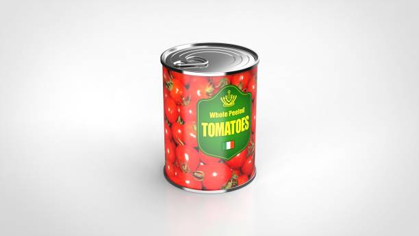 pomodoro può sfondo bianco uno sfondo centrato angolato rendering 3d - canned food foto e immagini stock