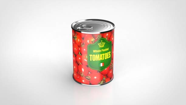 tomato can white background one center angled 3d rendering - canned food imagens e fotografias de stock