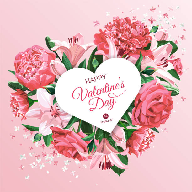 ilustrações de stock, clip art, desenhos animados e ícones de vertical valentine's day greeting card template. pink and white flowers isolated on light background. heart with roses, peonies and lilies. - lily flower vector red
