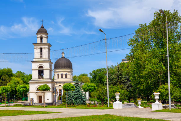 Central District of Chisinau Moldova . Cathedral and Steeple in Central Park of Chisinau . Capital City of Republic of Moldova