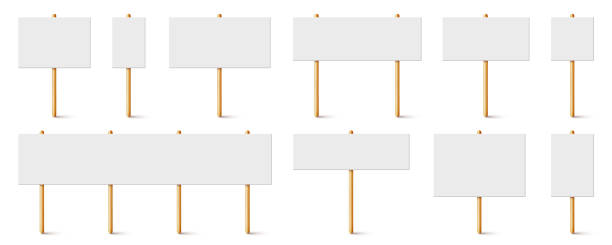 istock Blank protest sign with wooden holder. Realistic vector demonstration banner. Strike action cardboard placard mockup 1292860485