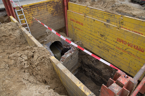 Roermond, the Netherlands, - June 12, 2019. Demolishing and reconstruction of the main sewer at the road construction.