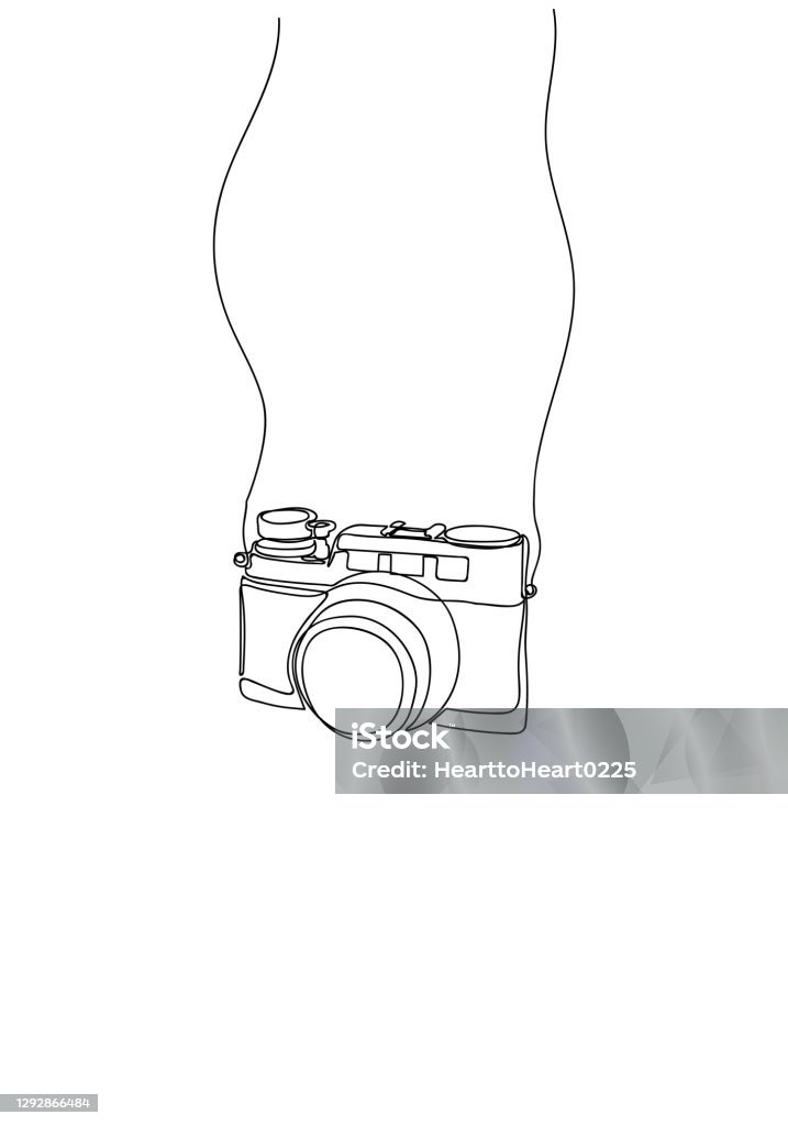 Hand drawn One line drawing of camera linear style. Hand drawn One line drawing of camera linear style. Minimalism style illustration, Black image isolated on white background. Camera - Photographic Equipment stock vector