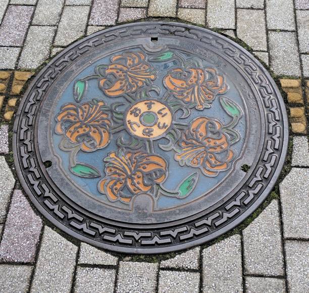 istock Japanese Manhole Cover with lily flowers 1292866733