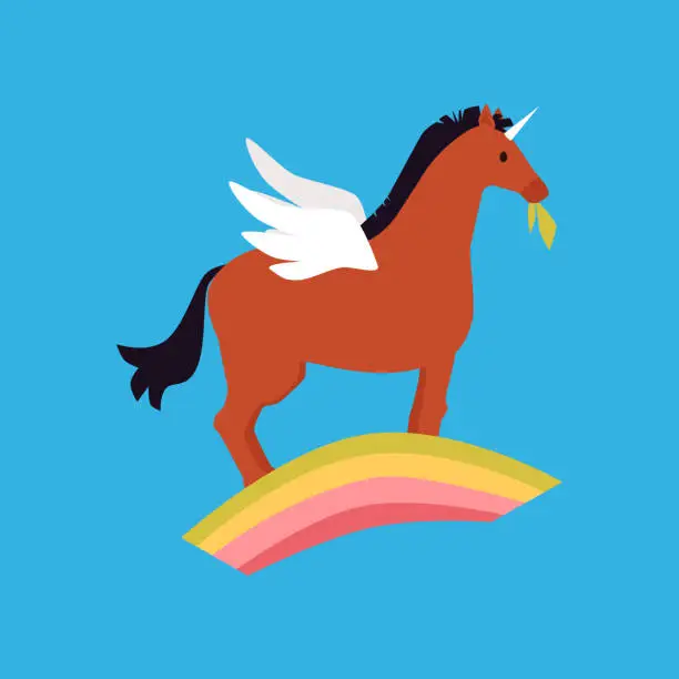 Vector illustration of Fairytale winged unicorn pony horse standing on rainbow in the sky