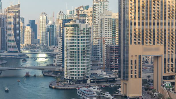 istock Amazing colorful dubai marina skyline during sunset 1292870352