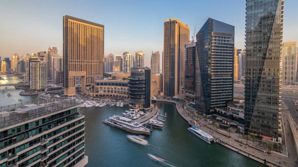 istock Amazing colorful dubai marina skyline during sunset 1292870361