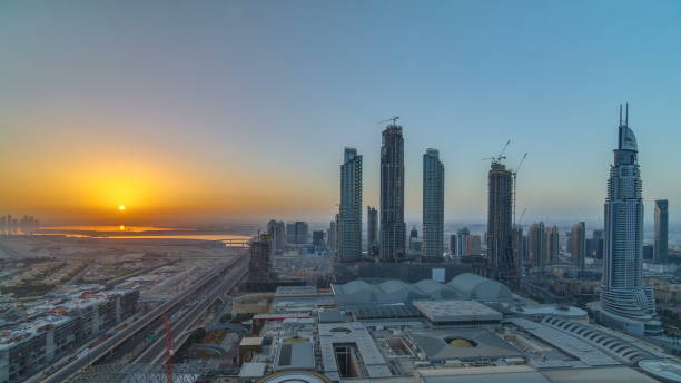 istock Dubai downtown with sunrise . Top view from above 1292870477