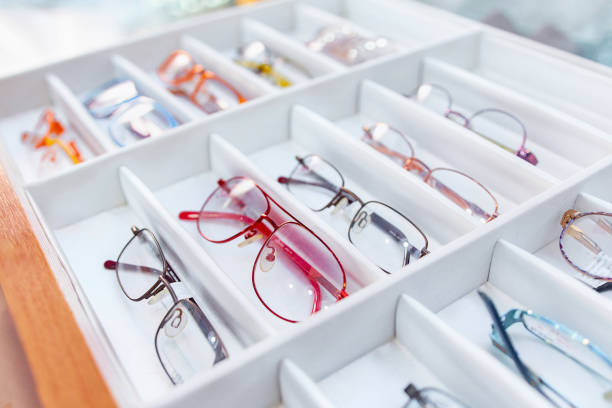 istock Eyeglasses sorted in a box at optical shop 1292871454