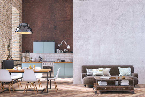 istock Industrial large modern kitchen, dining room and living room 1292871567