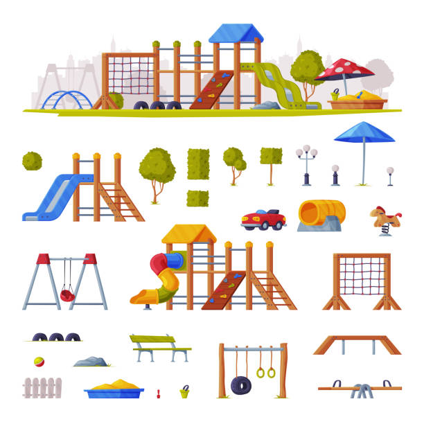 kinder spielplatz elemente mit rutsche, schaukeln und leitern vektor-set - kinderspielplatz stock-grafiken, -clipart, -cartoons und -symbole