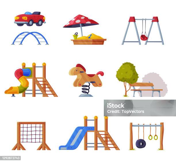 Ilustración de Elementos De Juegos Infantiles Con Diapositivas Columpios Y Escaleras Vector Set y más Vectores Libres de Derechos de Aire libre