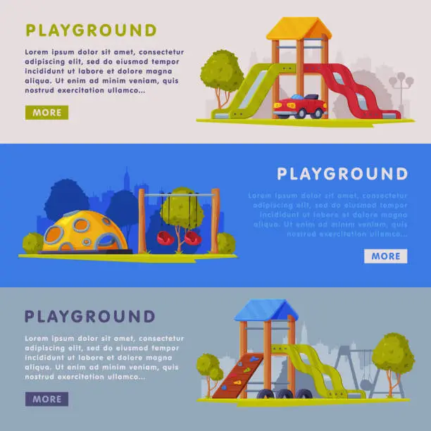 Vector illustration of Children Playground Zone with Slide and Swing Landing Page Template Vector Set
