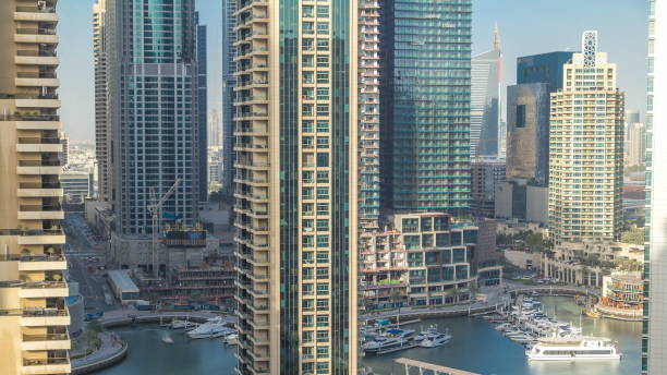 istock Amazing colorful dubai marina skyline during sunset 1292873573