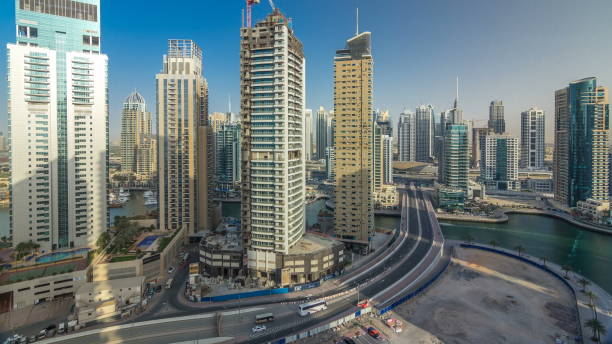 istock Amazing colorful dubai marina skyline during sunset 1292873690