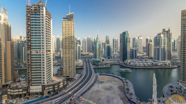 istock Amazing colorful dubai marina skyline during sunset 1292873708