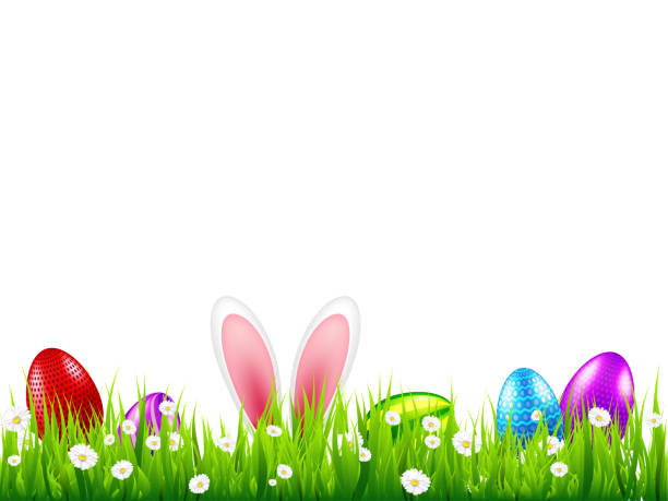 ilustrações de stock, clip art, desenhos animados e ícones de easter eggs on grass with bunny rabbit ears set. spring holidays in april. sunday seasonal celebration with egg hunt - mask religious celebration horizontal easter