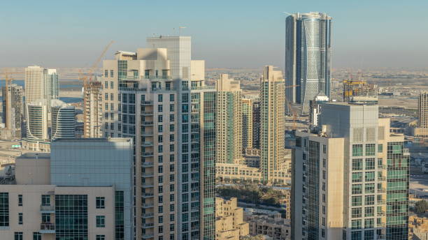 istock Dubai downtown in the evening in bright yellow sunset light 1292874109