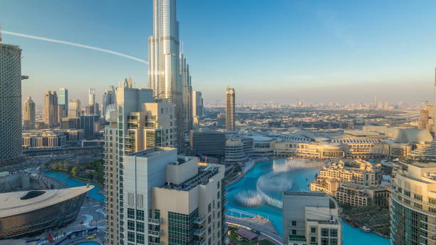 istock Dubai downtown in the evening in bright yellow sunset light 1292875412