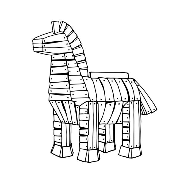 ancient Trojan horse made of wooden boards, legendary war tactics, computer virus concept ancient Trojan horse made of wooden boards, legendary war tactics, computer virus concept, vector illustration with black contour lines isolated on a white background in a doodle and hand drawn style sabotage icon stock illustrations
