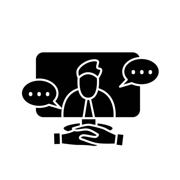 Online job interview glyph icon. Solhouette Online job interview glyph icon. Video conference meeting filled flat sign. Concept of recruiter interviewing candidate online. Remote headhunting examination. Isolated silhouette vector illustration interview event silhouettes stock illustrations