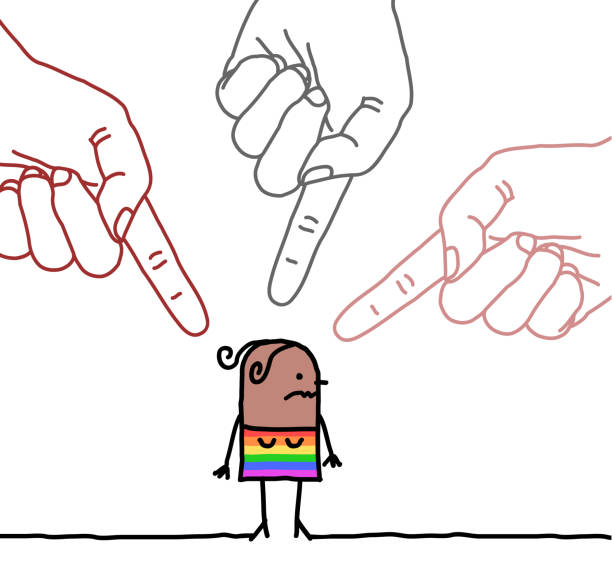 ilustraciones, imágenes clip art, dibujos animados e iconos de stock de manos grandes con carácter de dibujos animados - señalando los signos de los dedos en una chica negra lesbiana - sex discrimination racism women ethnicity