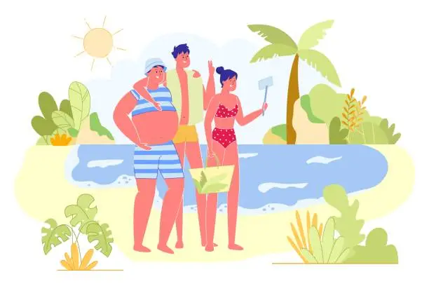 Vector illustration of Friends Company Photographing on Tropical Beach.