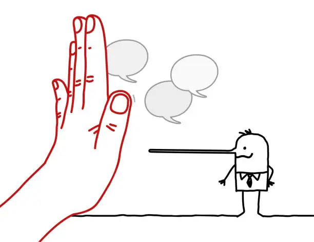 Vector illustration of Big Hand with Cartoon Character - Stop Sign Facing a Liar Man with long nose