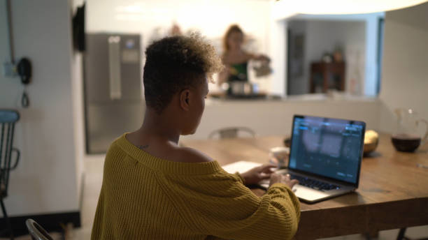 mujer joven revisando su agenda en el ordenador portátil en casa - working at home calendar laptop women fotografías e imágenes de stock