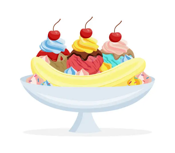 Vector illustration of Banana split with sundae - sweet dessert, food for holiday event.