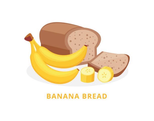 베이커리 제품 바나나 빵 에 바나나 플랫 벡터 일러스트 고립. - banana bread stock illustrations