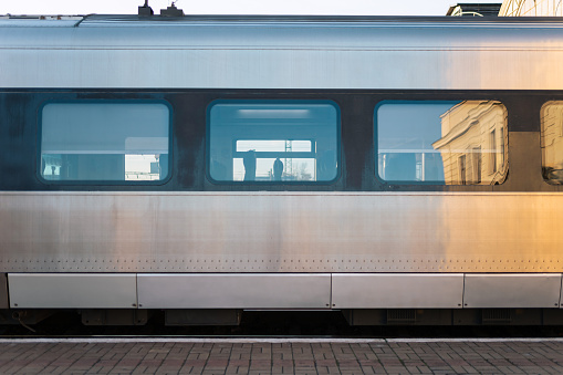 Modern passenger train car side view