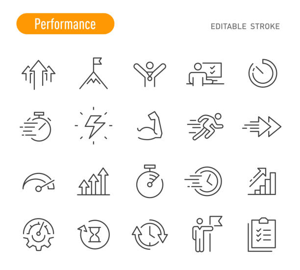 ilustraciones, imágenes clip art, dibujos animados e iconos de stock de iconos de rendimiento - serie de líneas - trazo editable - velocidad