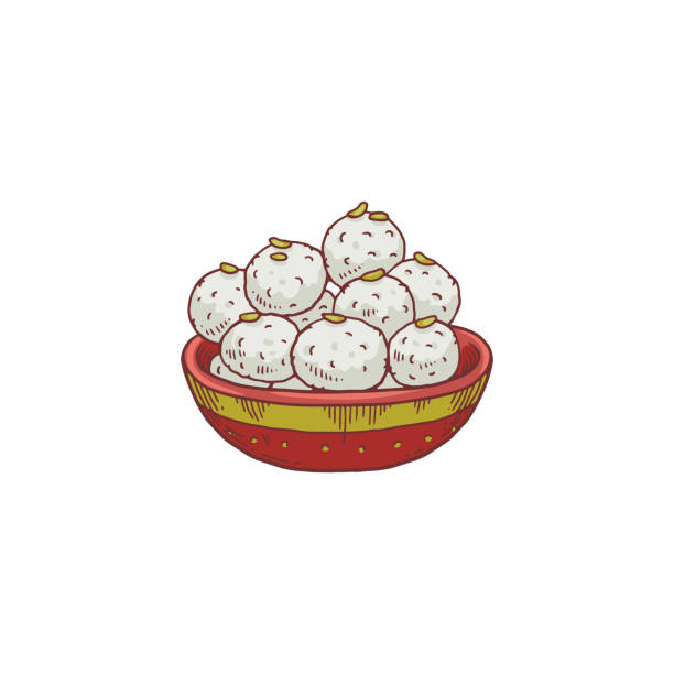 Laddu bowl - sweet Indian traditional dessert food for holidays Laddu bowl - sweet Indian traditional dessert food for religious holidays. White laddoo ball dish from Hindu culture, isolated vector illustration. mithai stock illustrations