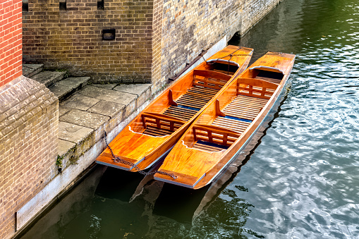Punts moored on the River Cam, Cambridge, England