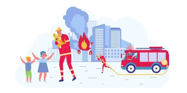 Vector illustration of Fireman Rescuing Dog from Burning House Happy Kid.