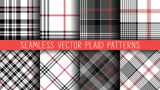 istock Seamless vector plaid patterns. Set of 8 tartan backgrounds. Collection of stylish geometric designs for fabric, textile, wrapping etc. 1292892347